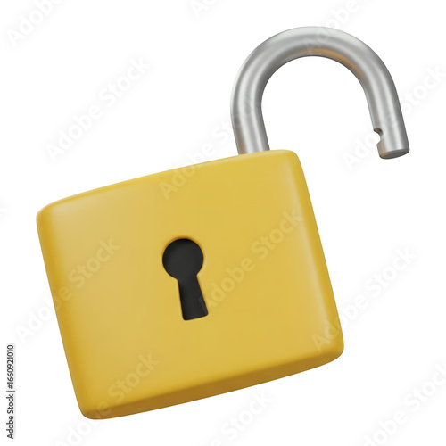 yellow open padlock 3d icon on transparent background
