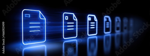 Neon blue file icons on a dark background.