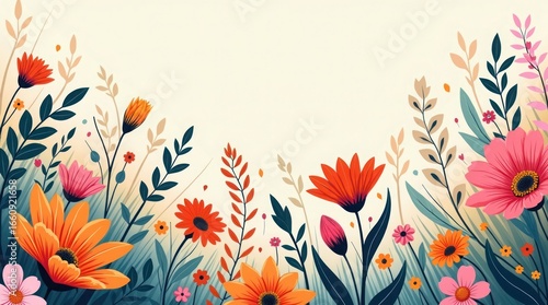 Vibrant Orange Pink Flowers Floral Garden Botanical Illustration
