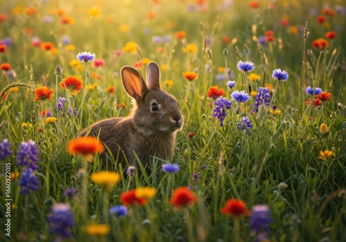 A charming brown bunny peeks from a vibrant tapestry of wildflowers, subtly hiding amidst the colorful blooms in a sun-drenched, peaceful spring meadow.