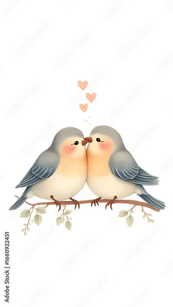 Fototapeta premium A pair of fluffy, cartoon-style lovebirds with rosy cheeks, perched affectionately on a branch.