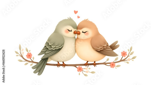 A pair of fluffy, cartoon-style lovebirds with rosy cheeks, perched affectionately on a branch.