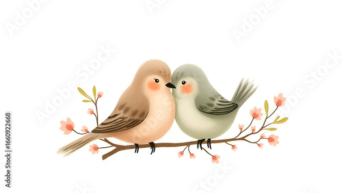 A pair of fluffy, cartoon-style lovebirds with rosy cheeks, perched affectionately on a branch.