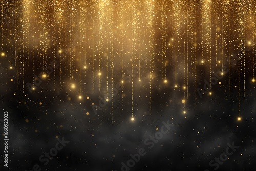Golden glitter falling on dark background