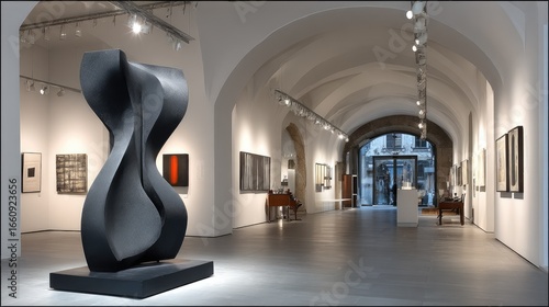 Modern sculpture in an art gallery hallway