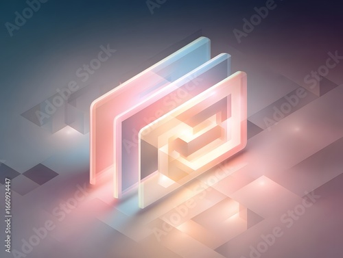 Abstract geometric shapes with glowing edges in a gradient background, creating a modern digital aesthetic