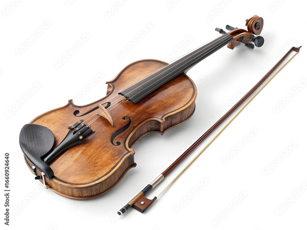 Fototapeta premium Aged wooden violin and bow isolated on white background