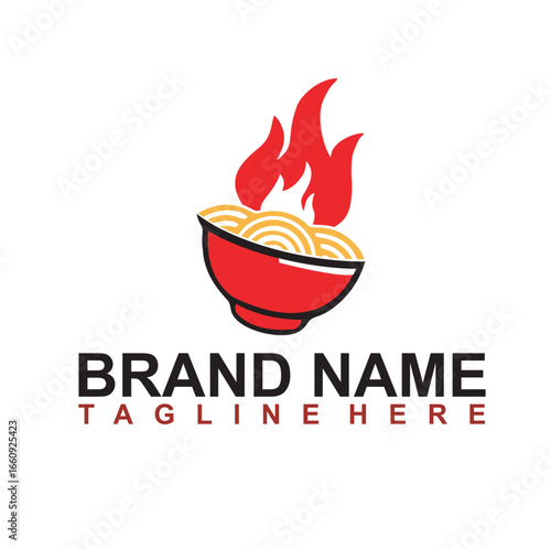 Spicy Noodle Bowl Logo with Fire Flame Vector Design for Asian Restaurant Brand
