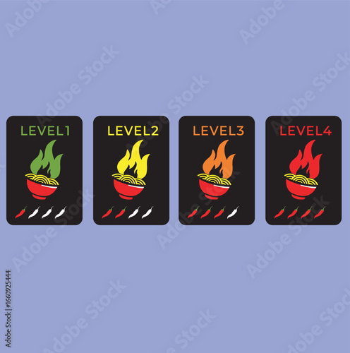 Spicy Food Level Icons – Noodle Bowl with Chili Pepper and Fire Vector Set
