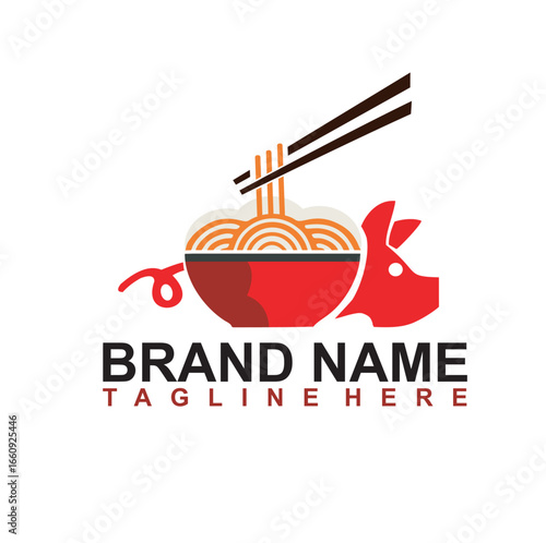 chinese food logo. Noodle Restaurant Logo with Pig Bowl and Chopsticks Vector Design for Asian Food Brand