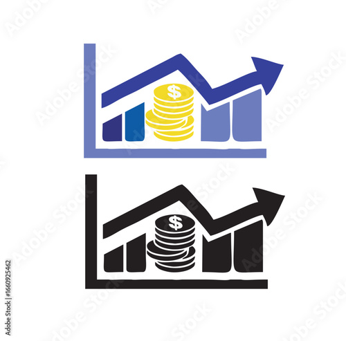 Financial Growth Chart Icon with Dollar Coins and Business Profit Graph Vector Illustration
