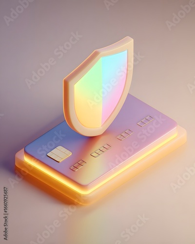 Colorful digital credit card with a shield symbolizing security, set against a soft gradient background