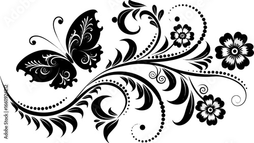 Elegant black and white floral design featuring a butterfly and decorative swirls and floral elements design silhouette