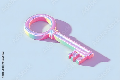 Colorful iridescent key resting on a smooth surface, casting a soft shadow, symbolizing access and security