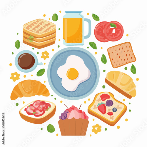 Illustrated Breakfast Spread: Croissant, Waffles, Toast, Juice, and Egg