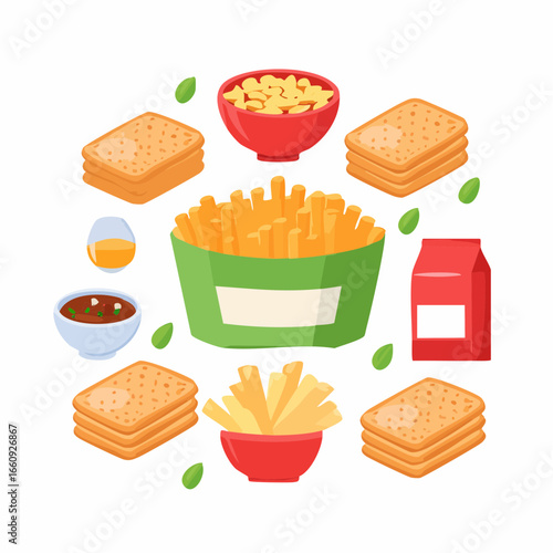 Fast Food Composition: Cartoon Style Fried Potatoes, Crackers, and Sauces