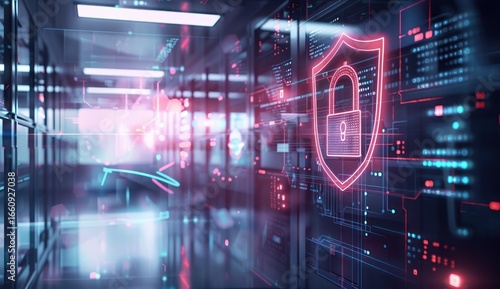 A futuristic server room with neon lights and a glowing shield icon in the foreground.