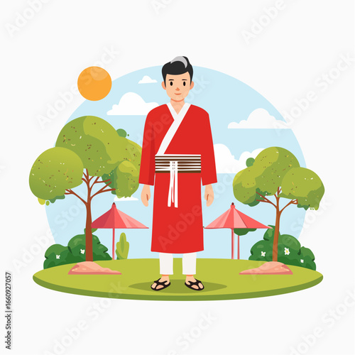 Man in Red Traditional Dress, Vector Illustration