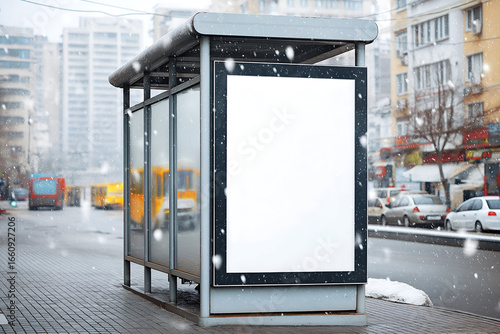 Urban Bus Stop with Blank White Billboard in Snowy City Street. Mock up promotion information for marketing announcements and details, blank white space.