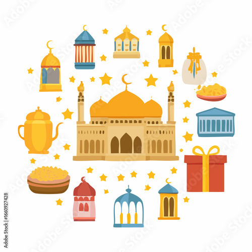 Ramadan Celebration Elements: Mosque, Lanterns, Gift, and Stars