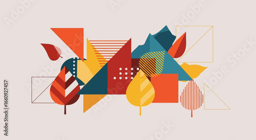 Abstract Vector Illustration featuring Geometric Shapes and Leaves in a Modern Style with Orange Blue and Yellow Colors