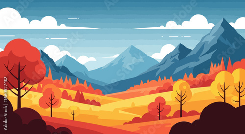 Landscape Vector Illustration with Mountain Trees and Sky in a Flat Geometric Style