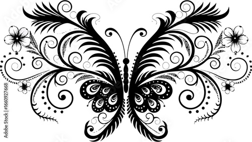 A decorative butterfly design with floral accents and intricate swirl patterns in black and white color scheme silhouette