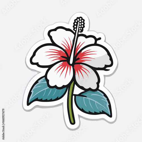 White hibiscus flower with red center and green stem, surrounded by leaves, sticker style.