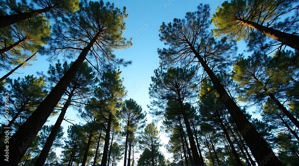Fototapeta premium A low-angle shot capturing the majestic forest canopy reaching toward a clear sky