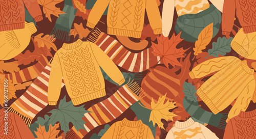 Autumn Vector Pattern with Sweaters Scarves and Fall Leaves Organic Shapes Design in Brown Yellow Orange Colors