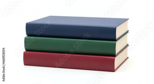 Stack of three hardcover books in different colors, isolated on white background.