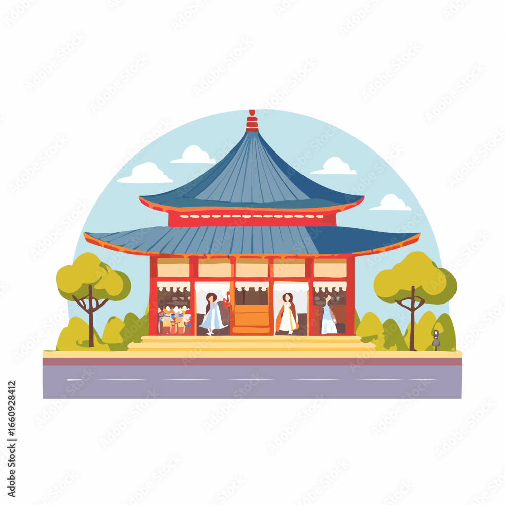 Obraz premium Japanese Shrine Illustration with Figures and Landscape