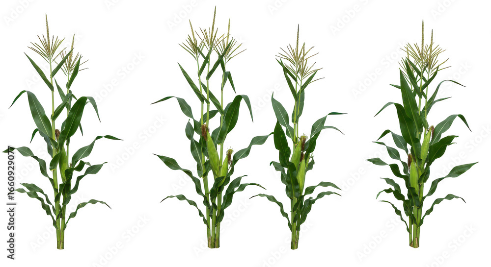 Naklejka premium Four healthy corn plants in various growth stages isolated on white background