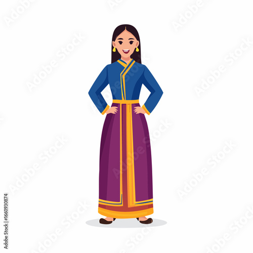 Woman in Traditional Mongolian Deel Dress - Vector Illustration