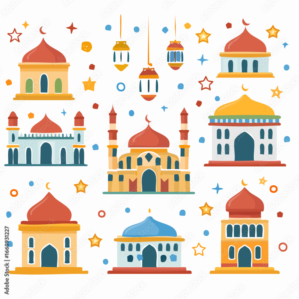 Fototapeta premium Mosque Minarets and Lanterns: Eid Mubarak Illustration