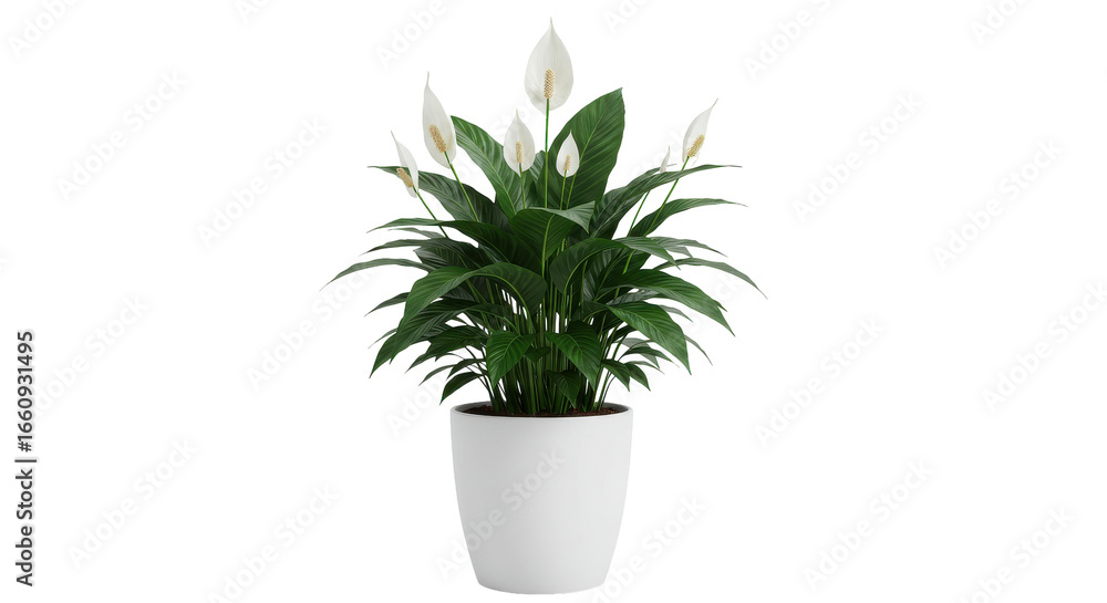 Obraz premium Peace lily plant in modern white pot isolated on white background showcasing green leaves and flowers