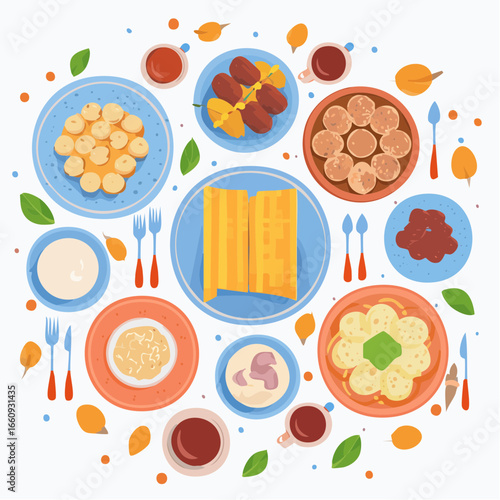 Autumn Feast: Overhead Flat Lay of Various Dishes