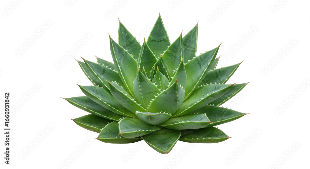 Fototapeta premium Lush green aloe vera plant showcasing vibrant leaves against a clean backdrop isolated on white background