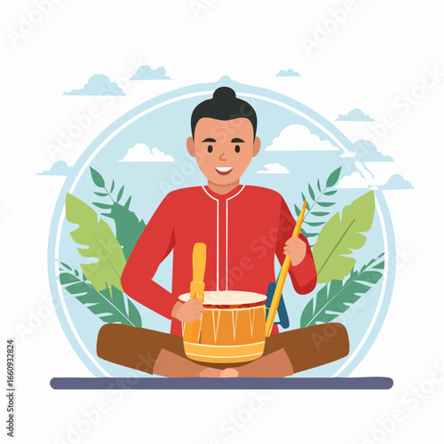 Southeast Asian Musician Playing Traditional Drum