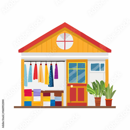 Organized Closet Concept: Colorful Clothes, Plants, and Storage