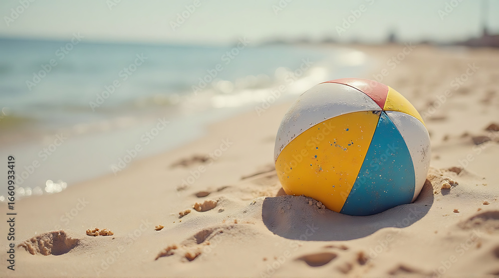 Obraz premium A vibrant beach ball rests on the sandy shore, inviting summer relaxation and seaside fun with