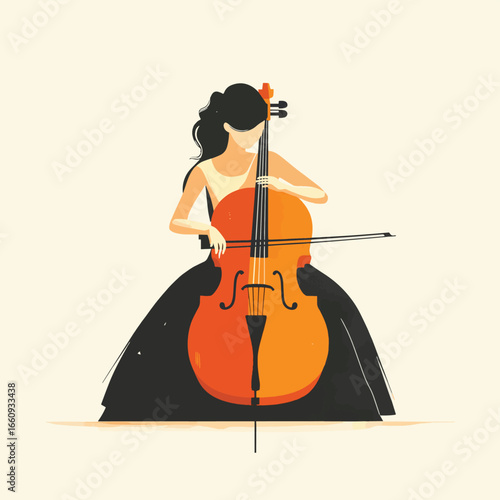 woman playing a cello, vector style simple color