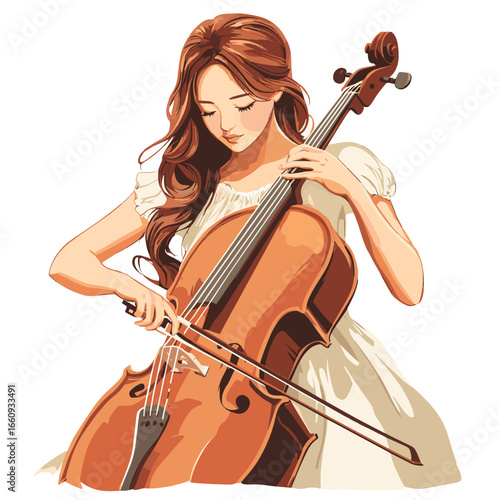 woman playing a cello, vector style simple color