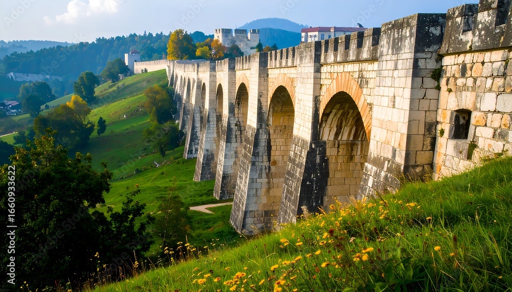 Obraz premium Ancient stone bridge over rolling hills