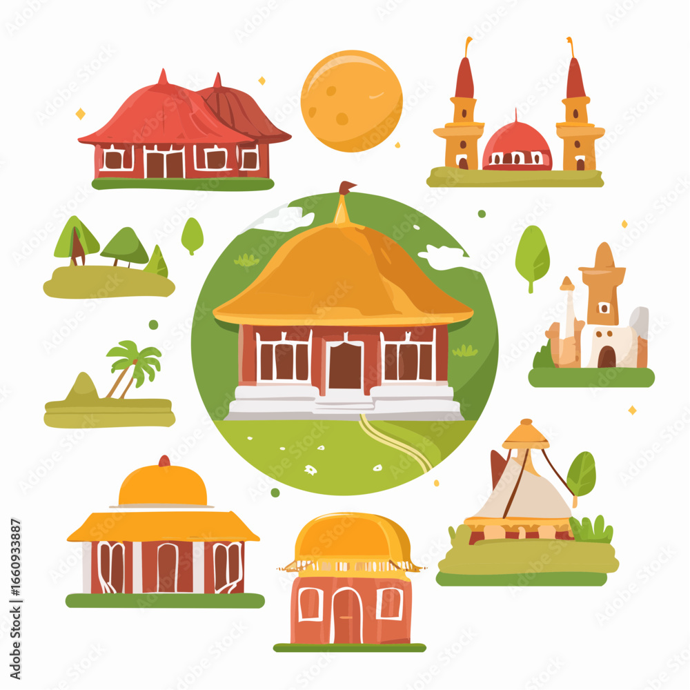 Obraz premium Indonesian Architectural Heritage: Traditional Houses & Mosques Illustration