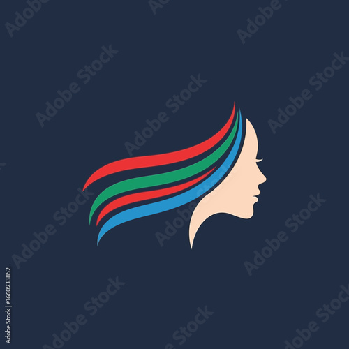 Stylized profile of a woman's head with colorful flowing hair.