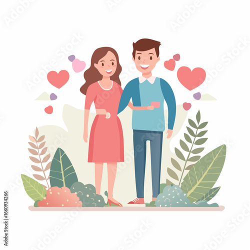Couple in Love: Romantic Illustration with Hearts and Foliage