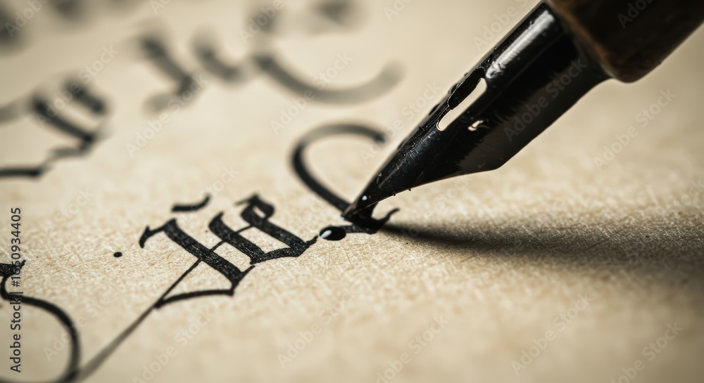 Fototapeta premium Calligraphy nib scratching ink into parchment, iron gall droplets eating into the paper fibers.