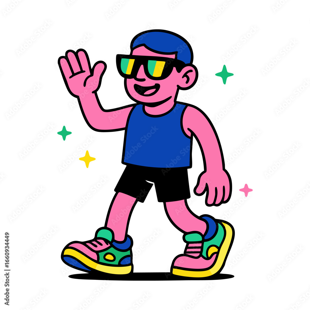Man with colorful clothing and sunglasses waves hello. Man with colorful clothing and sunglasses waves hello.