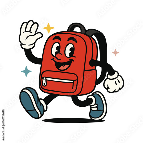 Happy anthropomorphic red backpack wearing shoes near stars.